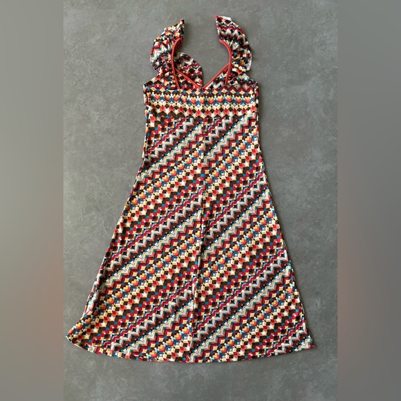 Vintage Midi Dress Hot Kiss Retro Psychedelic Heart Print With Ruffle Straps M - Picture 11 of 14